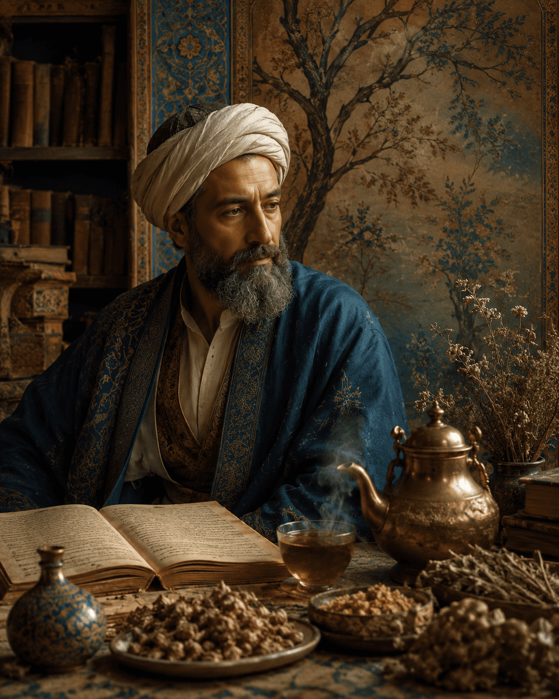 بازآفرینی هنری و جدی از ابن‌سینا در کنار کتاب، گیاهان دارویی و دمنوش